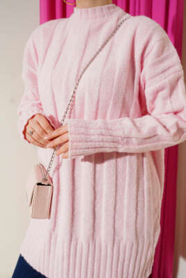 Geniş Fitilli Triko Yumoş Tunik Pembe - Tunik