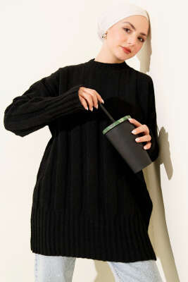 Geniş Fitilli Triko Yumoş Tunik Siyah - VANİZA TRİKO