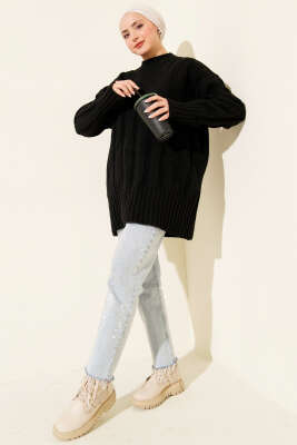 Geniş Fitilli Triko Yumoş Tunik Siyah - Tunik