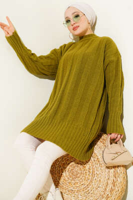 Geniş Fitilli Triko Yumoş Tunik Yağ Yeşili - Tunik