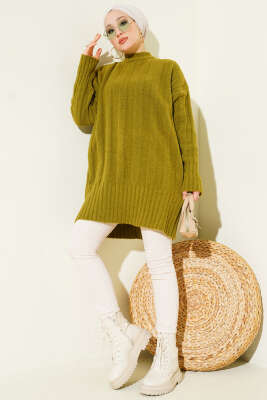 Geniş Fitilli Triko Yumoş Tunik Yağ Yeşili - Tunik