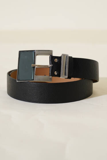 Geniş Kare Tokalı Kemer Siyah - Deri Kemer