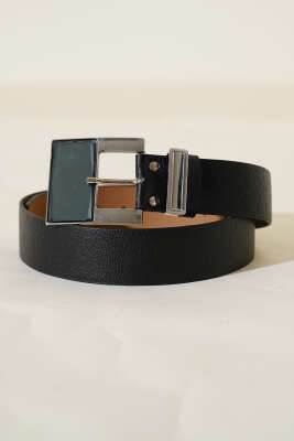 Geniş Kare Tokalı Kemer Siyah 