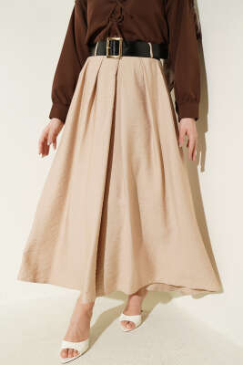 Geniş Kemer Detaylı Pileli Etek Bej - FİXAY