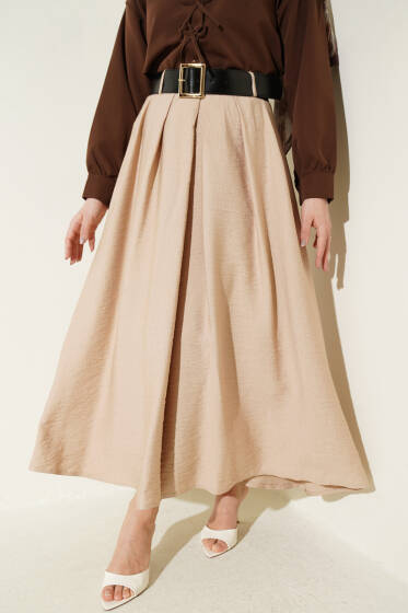 Geniş Kemer Detaylı Pileli Etek Bej - Etek