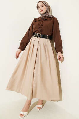 Geniş Kemer Detaylı Pileli Etek Bej - Etek