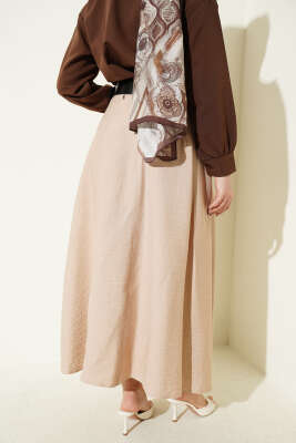 Geniş Kemer Detaylı Pileli Etek Bej - Etek