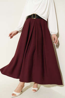Geniş Kemer Detaylı Pileli Etek Bordo - FİXAY