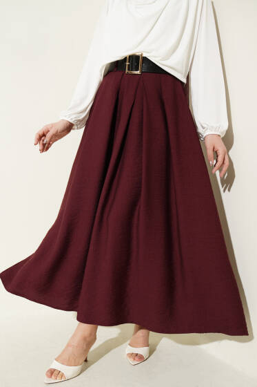 Geniş Kemer Detaylı Pileli Etek Bordo - Etek