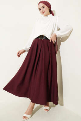 Geniş Kemer Detaylı Pileli Etek Bordo - Etek