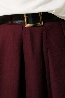 Geniş Kemer Detaylı Pileli Etek Bordo - Etek