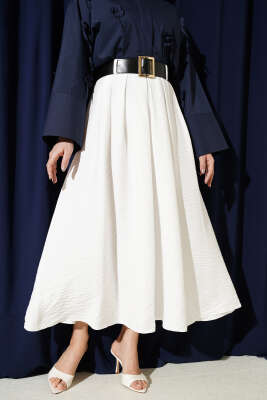Geniş Kemer Detaylı Pileli Etek Ekru - FİXAY