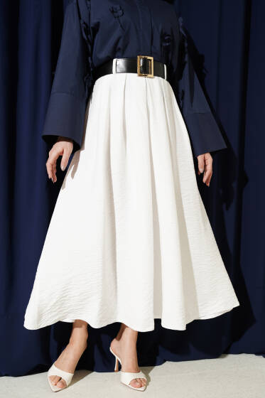 Geniş Kemer Detaylı Pileli Etek Ekru - Etek
