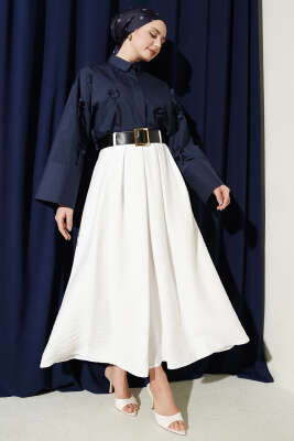 Geniş Kemer Detaylı Pileli Etek Ekru - Etek