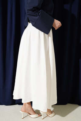 Geniş Kemer Detaylı Pileli Etek Ekru - Etek