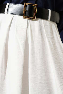 Geniş Kemer Detaylı Pileli Etek Ekru - Etek