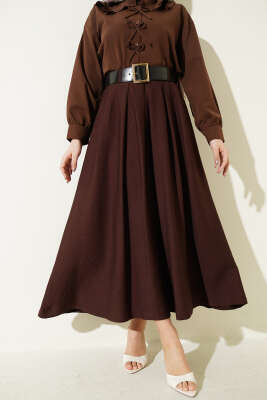 Geniş Kemer Detaylı Pileli Etek Kahve - FİXAY
