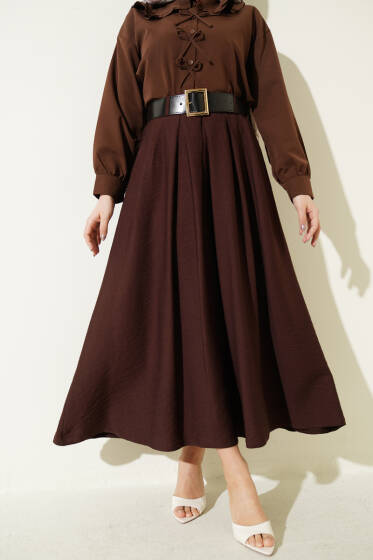 Geniş Kemer Detaylı Pileli Etek Kahve - Etek