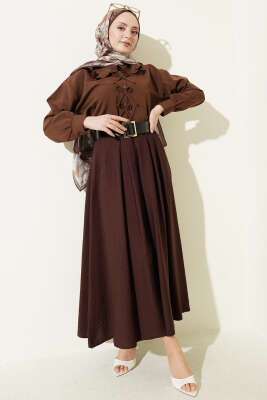 Geniş Kemer Detaylı Pileli Etek Kahve - Etek