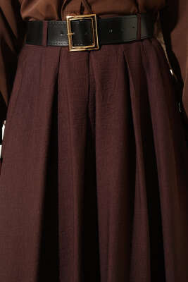 Geniş Kemer Detaylı Pileli Etek Kahve - Etek