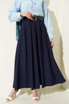 Geniş Kemer Detaylı Pileli Etek Lacivert - FİXAY