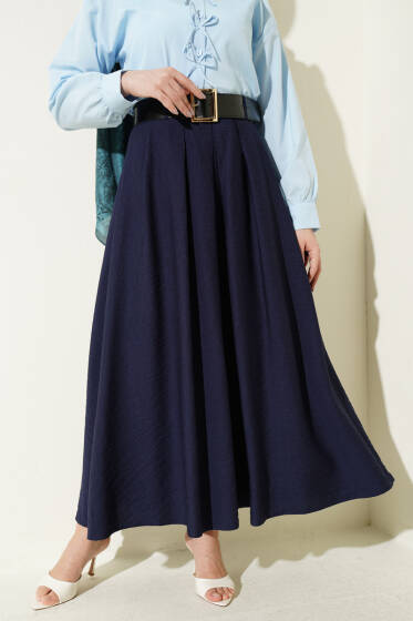 Geniş Kemer Detaylı Pileli Etek Lacivert - Etek