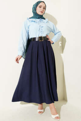Geniş Kemer Detaylı Pileli Etek Lacivert - Etek