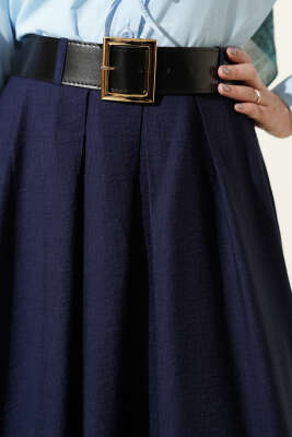 Geniş Kemer Detaylı Pileli Etek Lacivert - Etek