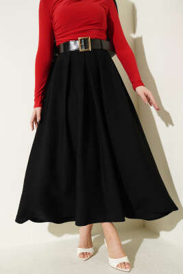 Geniş Kemer Detaylı Pileli Etek Siyah - FİXAY