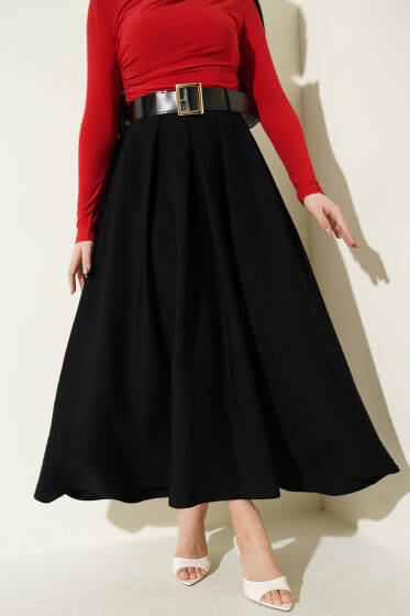 Geniş Kemer Detaylı Pileli Etek Siyah - Etek