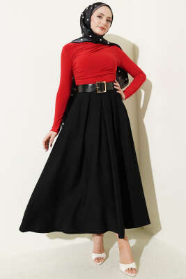 Geniş Kemer Detaylı Pileli Etek Siyah - Etek