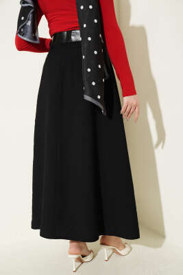 Geniş Kemer Detaylı Pileli Etek Siyah - Etek