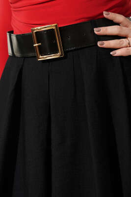 Geniş Kemer Detaylı Pileli Etek Siyah - Etek