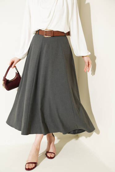 Geniş Kemerli Bel Fermuarlı Etek Füme - Etek