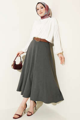 Geniş Kemerli Bel Fermuarlı Etek Füme - Etek