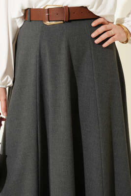 Geniş Kemerli Bel Fermuarlı Etek Füme - Etek