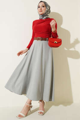 Geniş Kemerli Bel Fermuarlı Etek Gri - FİXAY