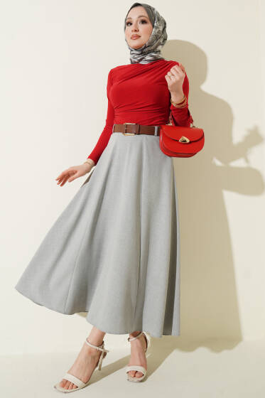 Geniş Kemerli Bel Fermuarlı Etek Gri - Etek