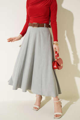 Geniş Kemerli Bel Fermuarlı Etek Gri - Etek
