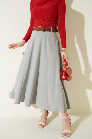 Geniş Kemerli Bel Fermuarlı Etek Gri - Etek