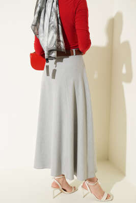 Geniş Kemerli Bel Fermuarlı Etek Gri - Etek