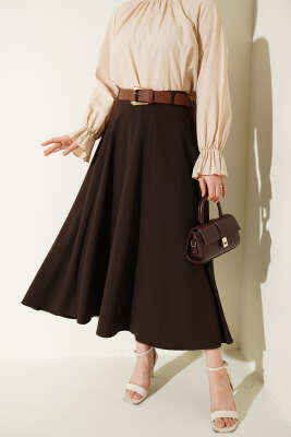Geniş Kemerli Bel Fermuarlı Etek Kahve - FİXAY