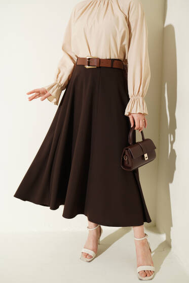 Geniş Kemerli Bel Fermuarlı Etek Kahve - Etek