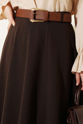 Geniş Kemerli Bel Fermuarlı Etek Kahve - Etek