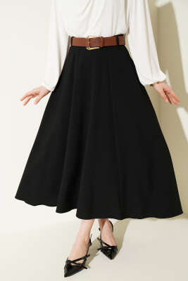 Geniş Kemerli Bel Fermuarlı Etek Siyah - FİXAY
