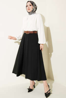 Geniş Kemerli Bel Fermuarlı Etek Siyah - Etek