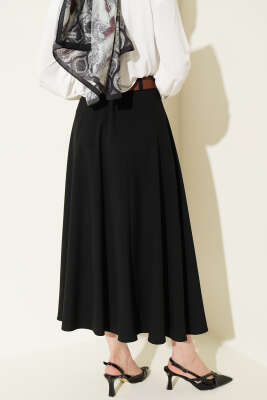 Geniş Kemerli Bel Fermuarlı Etek Siyah - Etek