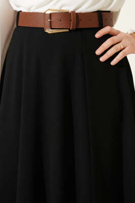 Geniş Kemerli Bel Fermuarlı Etek Siyah - Etek