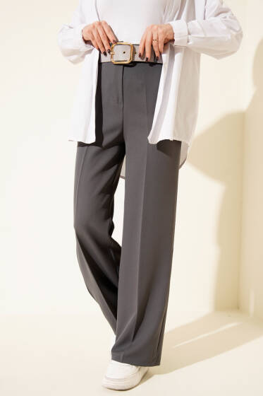 Geniş Kemerli Bol Paça Pantolon Füme - Pantolon