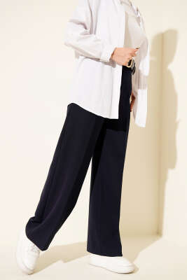 Geniş Kemerli Bol Paça Pantolon Lacivert - ZAZA